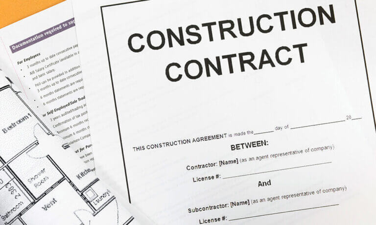Construction contract documentation and building plans for quantity surveying and cost estimation.