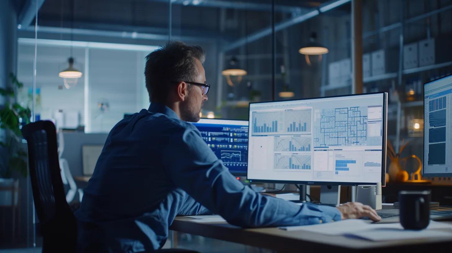 a dynamic office scene featuring a confident project manager analyzing detailed cost assessments on a high-tech monitor, surrounded by blueprints and spreadsheets, emphasizing proactive risk management in construction projects.