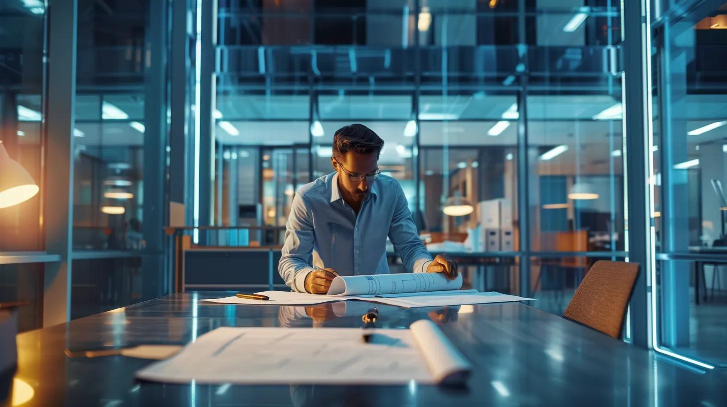 a focused interior shot of a modern office space featuring a construction project manager attentively reviewing detailed blueprints and takeoff estimating documents spread across a polished conference table, with ambient lighting creating a professional atmosphere.