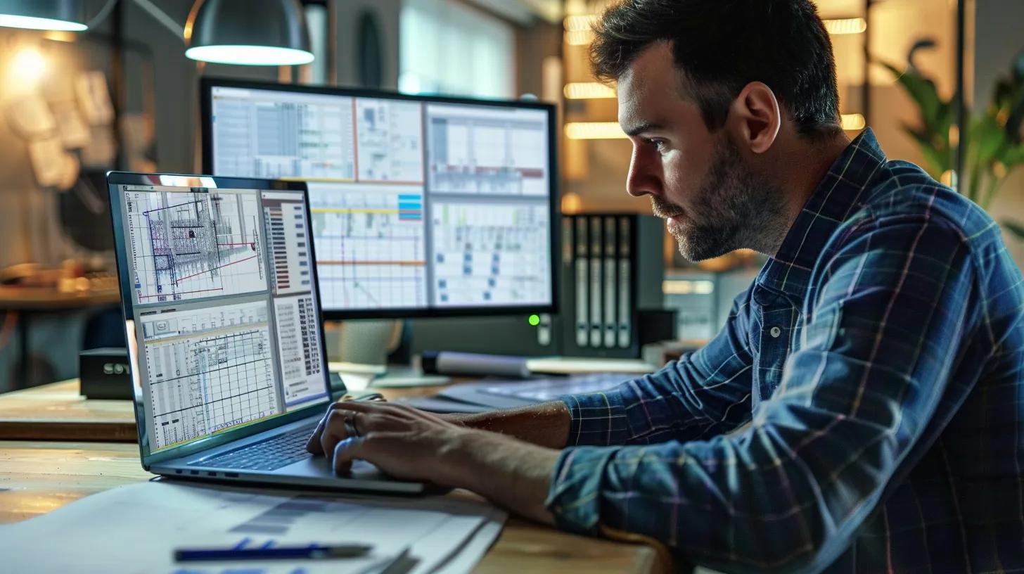 a focused construction estimator examines detailed digital takeoff plans on a sleek laptop in a modern office, with trade-specific diagrams and resource charts displayed on large screens, emphasizing precision and efficiency in project management.