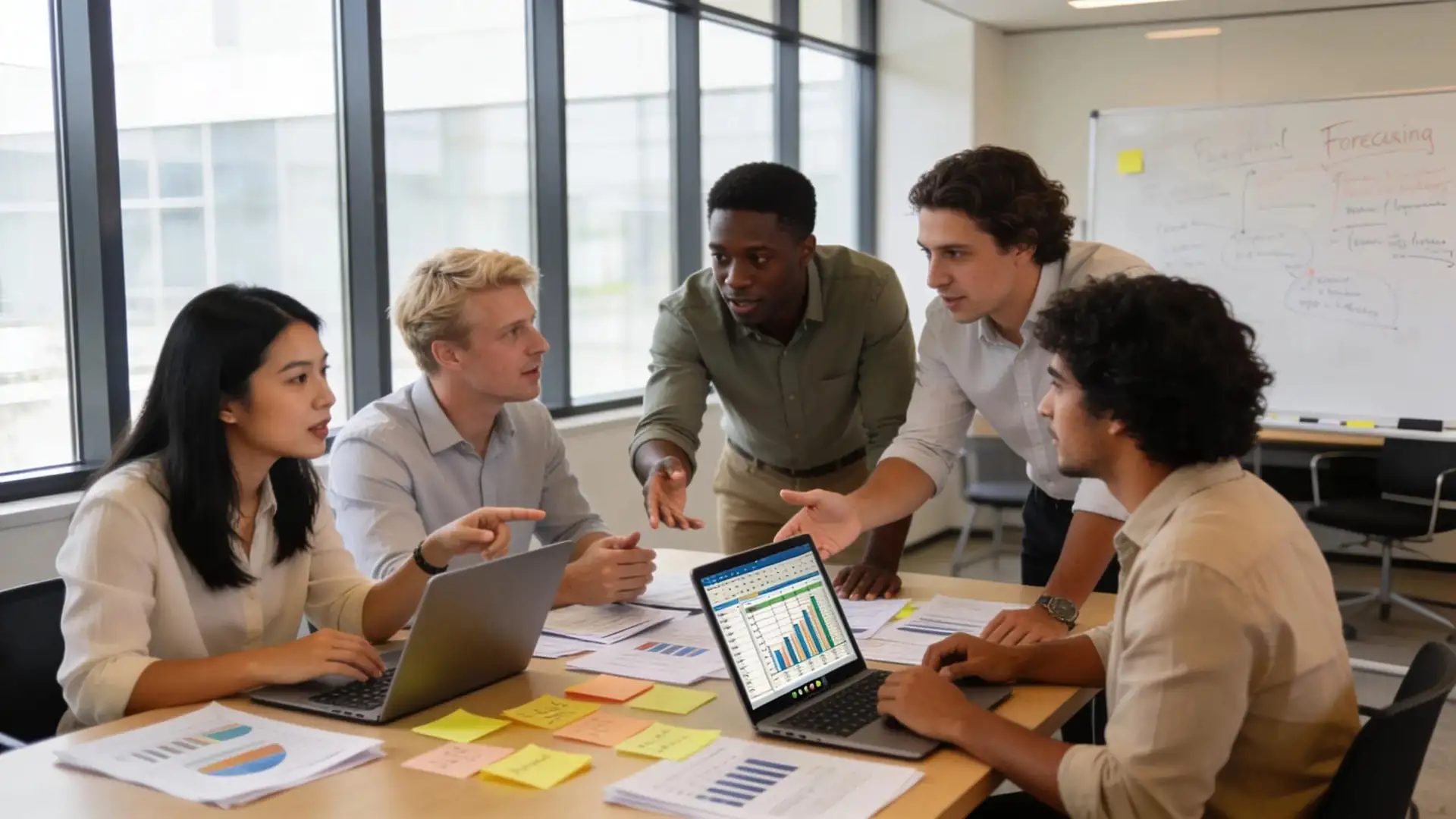 Collaborative team of project managers discussing budget forecasting techniques