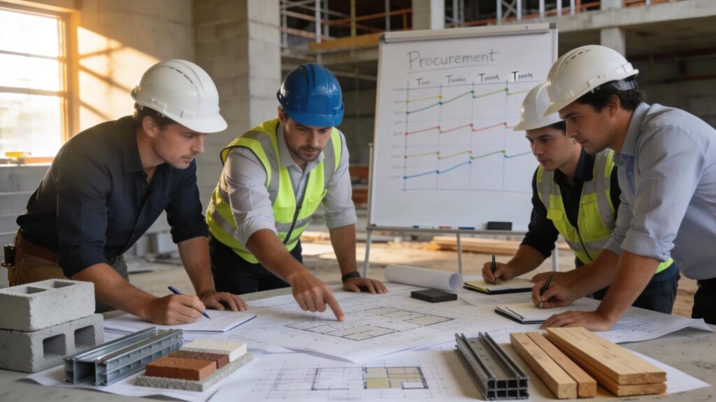 Construction professionals collaborating over procurement strategies on a construction site