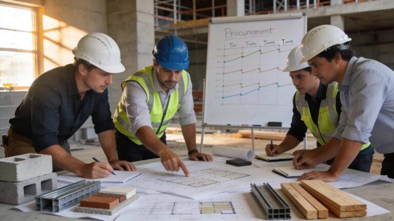 Construction professionals collaborating over procurement strategies on a construction site
