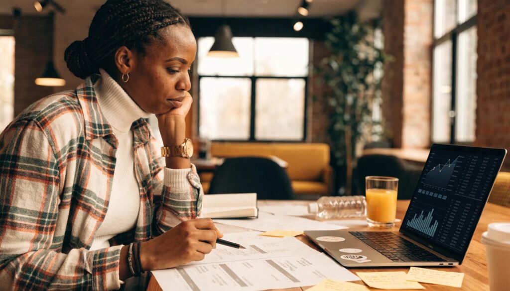 Project manager in a cozy workspace reviewing budget plans and forecasts