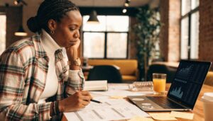 Project manager in a cozy workspace reviewing budget plans and forecasts