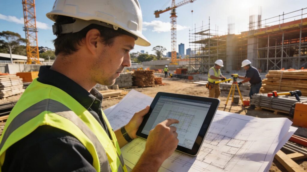 Quantity surveyor at a construction site in Australia reviewing plans, showcasing the role of cost management in building projects