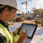 Quantity surveyor at a construction site in Australia reviewing plans, showcasing the role of cost management in building projects