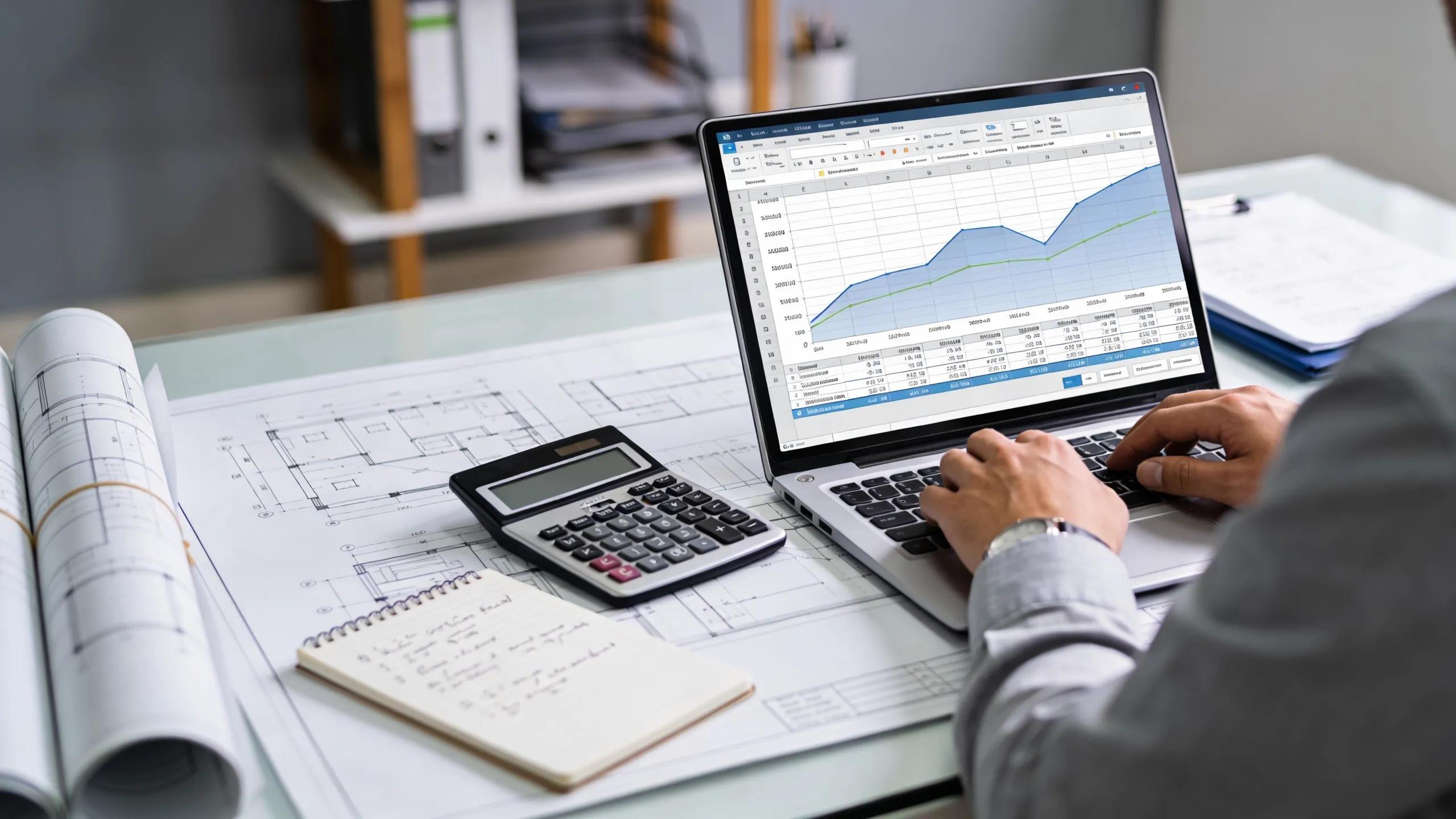 Construction cost planning process with a professional reviewing budgets and documents, emphasizing best practices in cost management