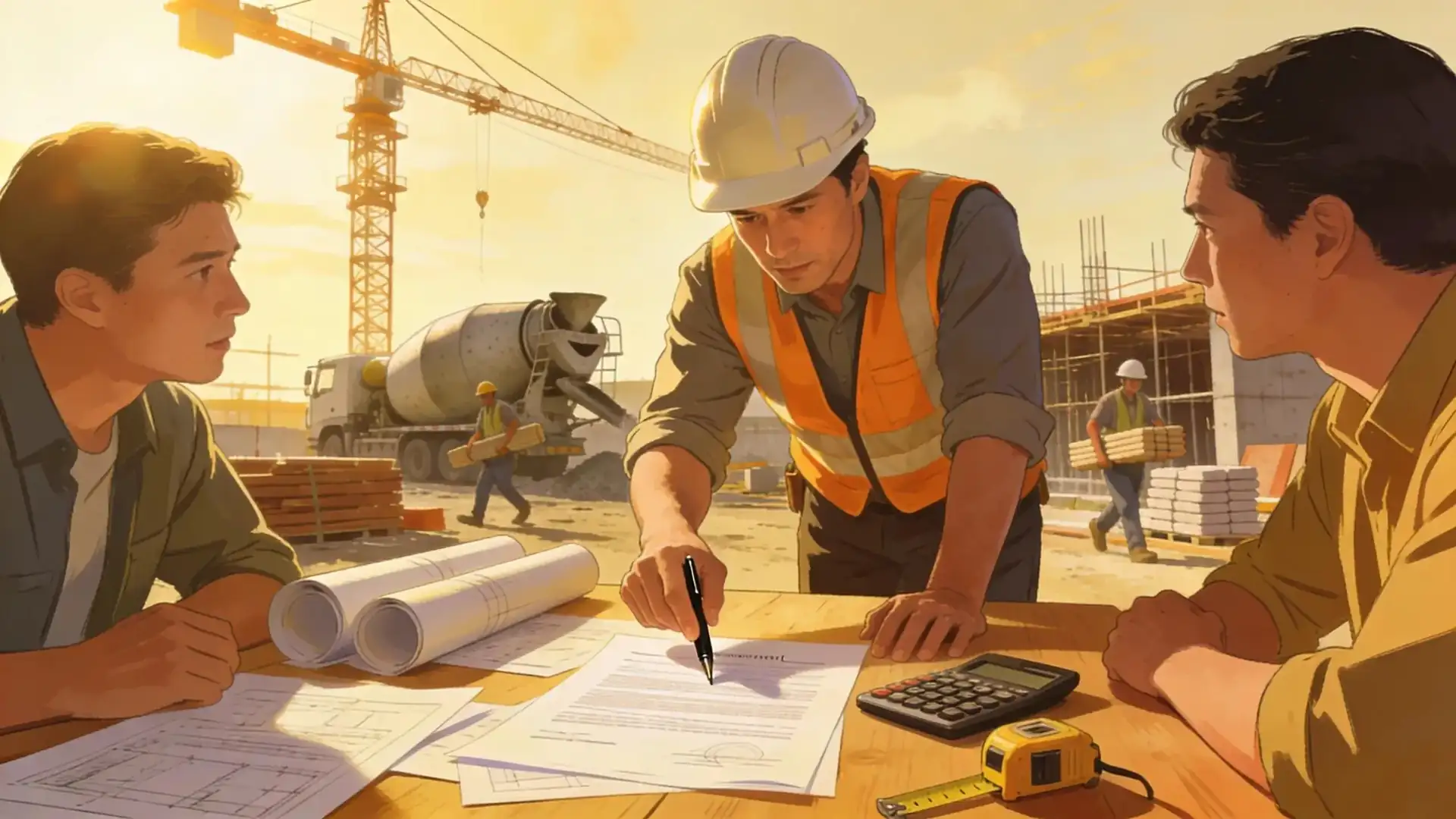 Construction manager discussing contract administration with team members, highlighting its impact on cost control in construction projects
