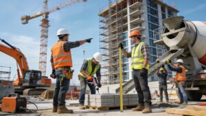 Construction workers collaborating on project cost management in a dynamic building site environment