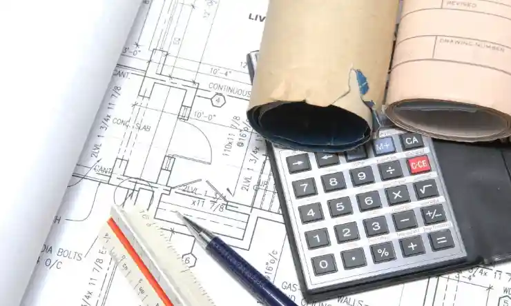 Civil construction plans, calculator, and pencil illustrating cost estimation challenges.