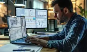 Focused construction estimator analyzing blueprints on laptop and monitor for takeoff estimating.