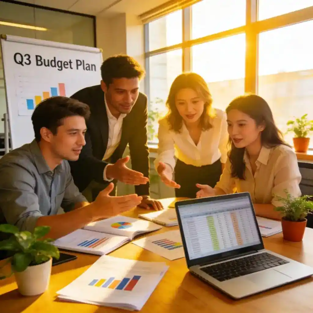 Business team collaborating on Q3 budget planning with financial charts and laptop in office